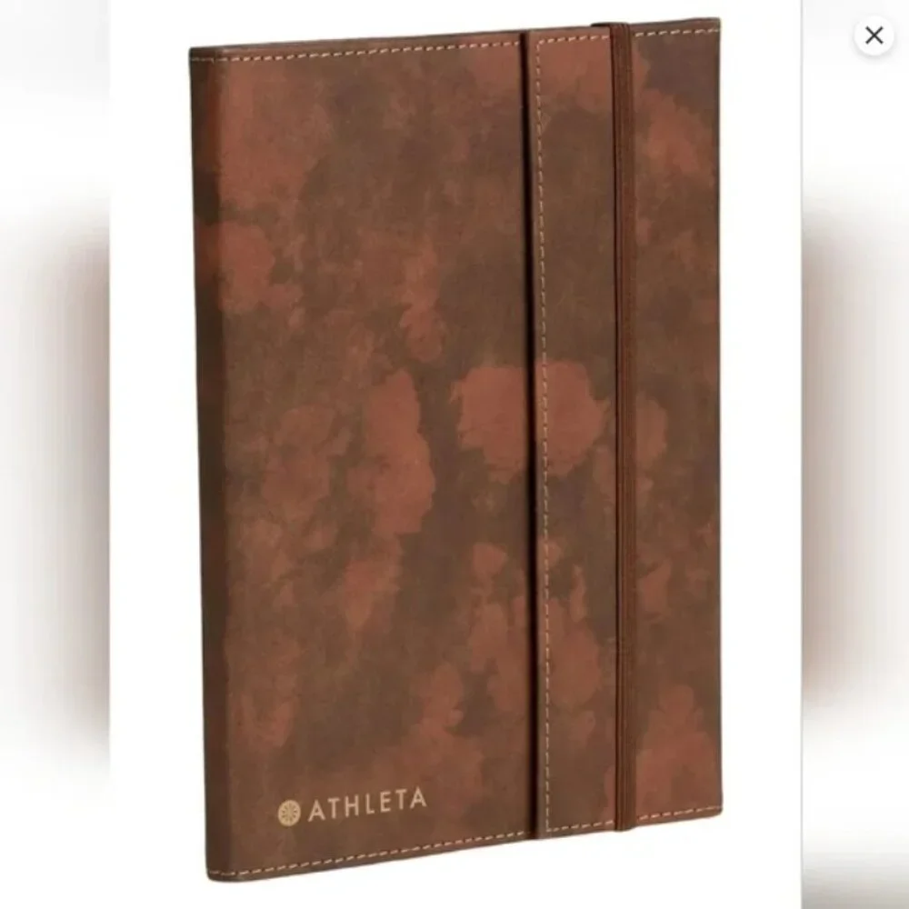 NEW Athleta Journal Brown Faux Leather Flap Cover Pockets Spiral Notebook